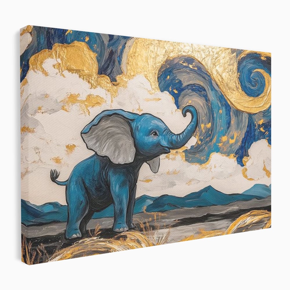 Tablou canvas cu tablou canvas cu elefant albastru, fara rama, pe sasiu de lemn